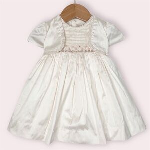 NWT Luli & Me Smocked Dress Ivory Silk Short Sleeve Hand Embroidered 3 months